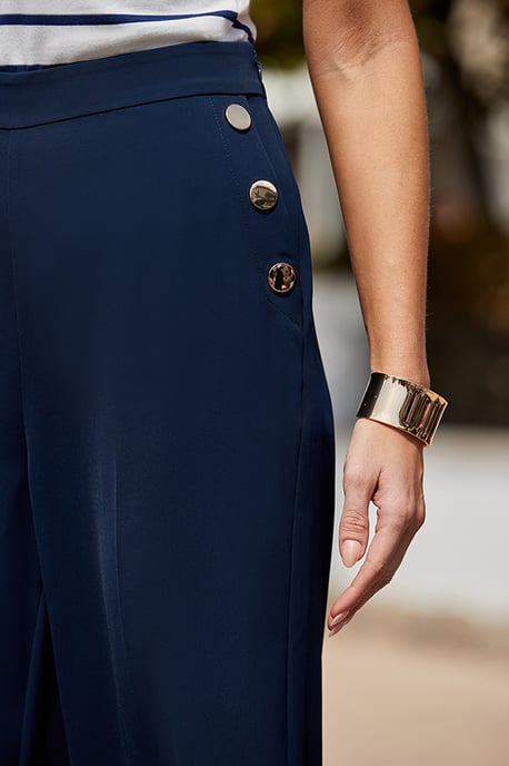 Navy Blue Gold Button Detail Wide Leg Trousers - Image 4