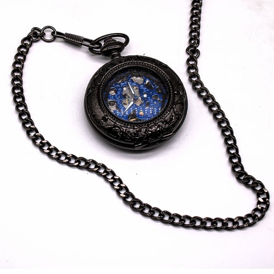 Vintage zwart mechanisch legering skelet half jacht zakhorloge - Image 3