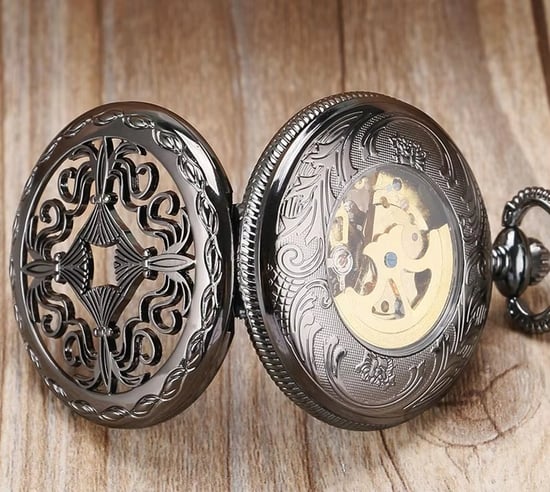 Antiek messing zwart legering skelet half jacht zakhorloge - Image 3