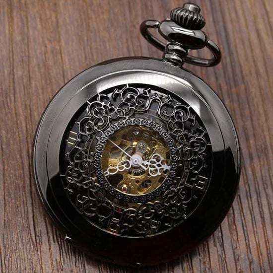 Antiek messing zwart legering skelet half jacht zakhorloge - Image 4