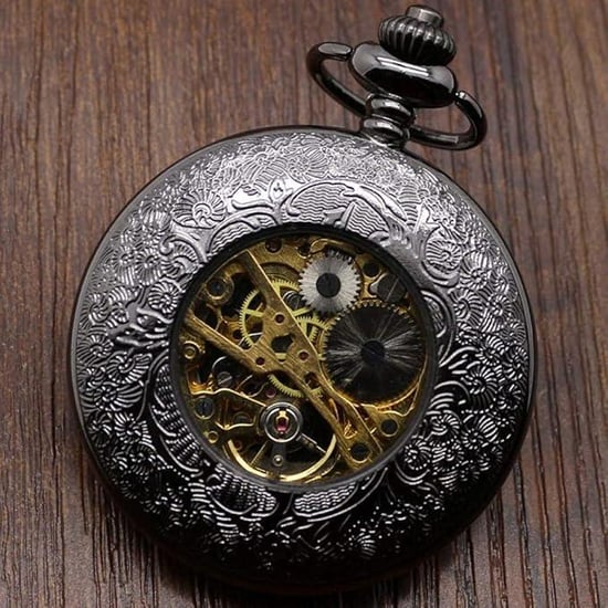 Antiek messing zwart legering skelet half jacht zakhorloge - Image 5