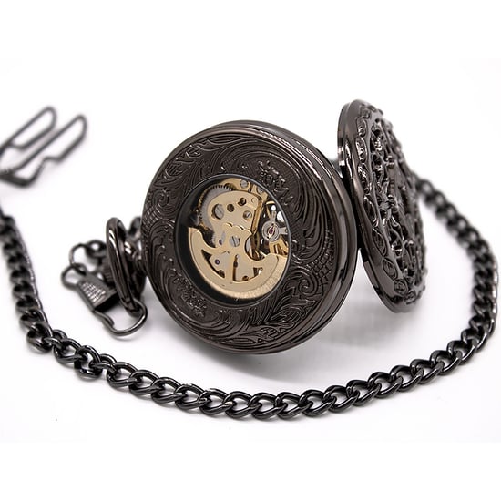 Vintage zwart mechanisch skeletmessing zakhorloge - Image 3