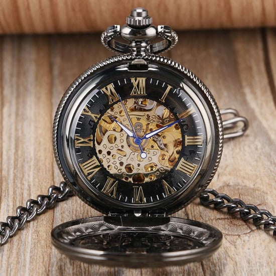 Vintage zwart mechanisch skeletmessing zakhorloge - Image 5