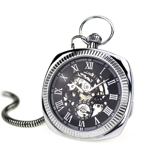 Mekaniskt silverfärgat vintage skelett fyrkantigt fickur med öppet urtavla - Image 2