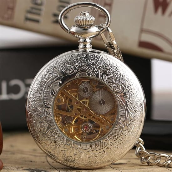 Antiek messing zilverlegering skelet half jacht zakhorloge - Image 5