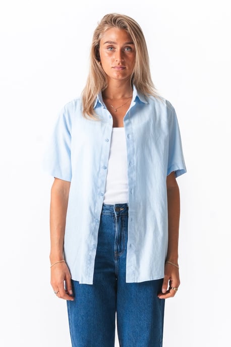 Short Sleeve Linen Shirt - Light Blue - Image 1