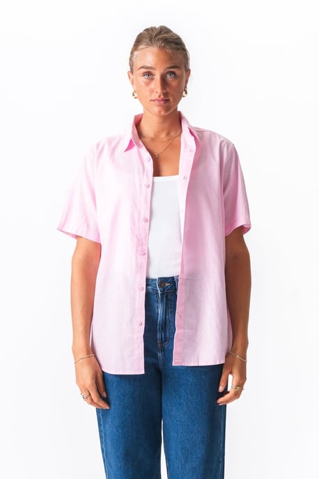 Short Sleeve Linen Shirt - Light Red - Image 1