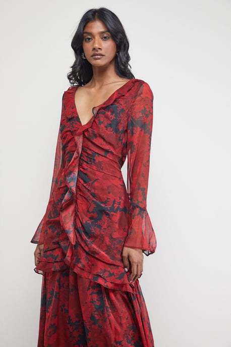 Chiffon Ruffle Gathered Bodice Midi Dress - Image 2