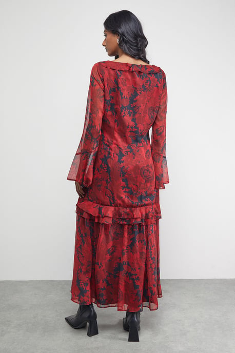 Chiffon Ruffle Gathered Bodice Midi Dress - Image 3