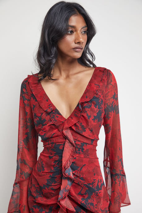 Chiffon Ruffle Gathered Bodice Midi Dress - Image 4