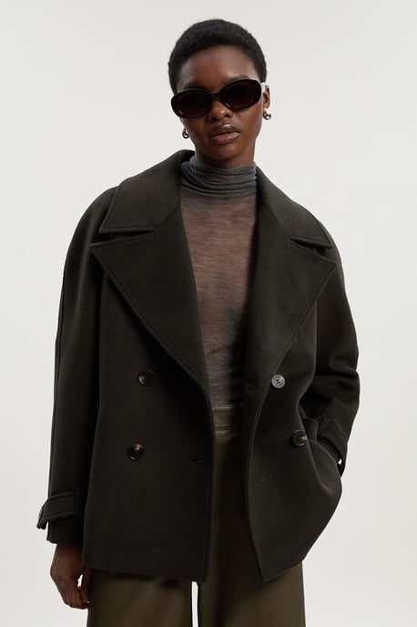 Tailored Brushed Wool Double Breasted Short Pea Coat - Image 2