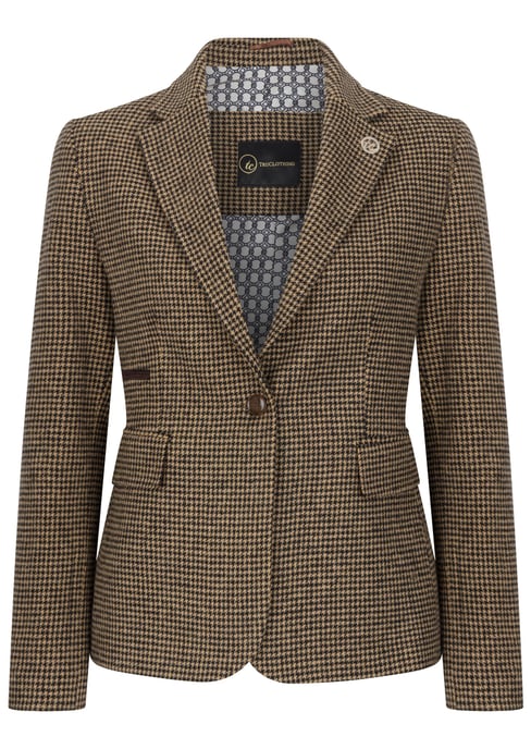 Dames getailleerde bruine pied-de-poule wolmix tweed blazer - Image 1