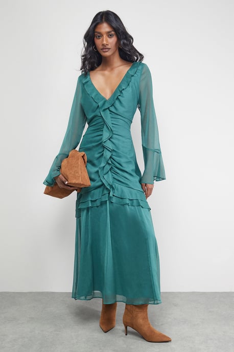 Chiffon Ruffle Gathered Bodice Midi Dress - Image 1
