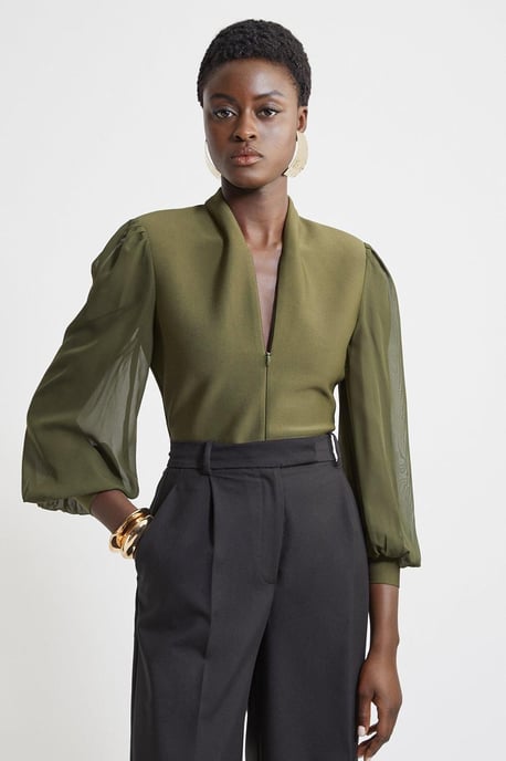Bandage Figure Form Zip Detail Chiffon Sleeve Knit Top - Image 1
