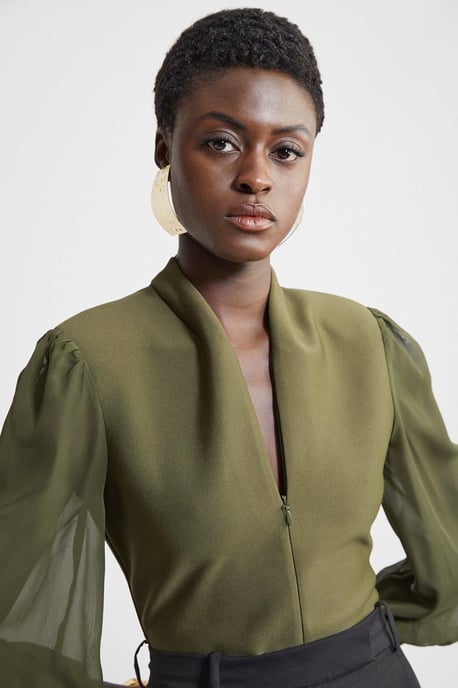 Bandage Figure Form Zip Detail Chiffon Sleeve Knit Top - Image 2