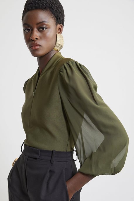 Bandage Figure Form Zip Detail Chiffon Sleeve Knit Top - Image 3