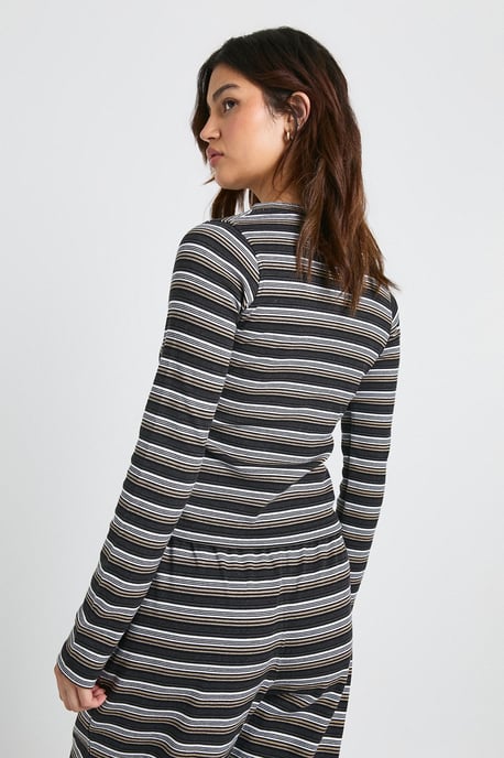 Stripe Rib Button Through Long Sleeve Top - Image 2