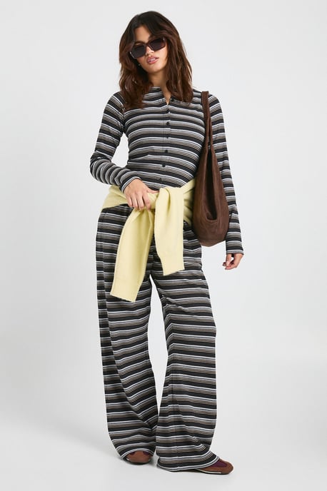 Stripe Rib Button Through Long Sleeve Top - Image 3