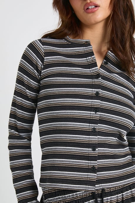 Stripe Rib Button Through Long Sleeve Top - Image 4