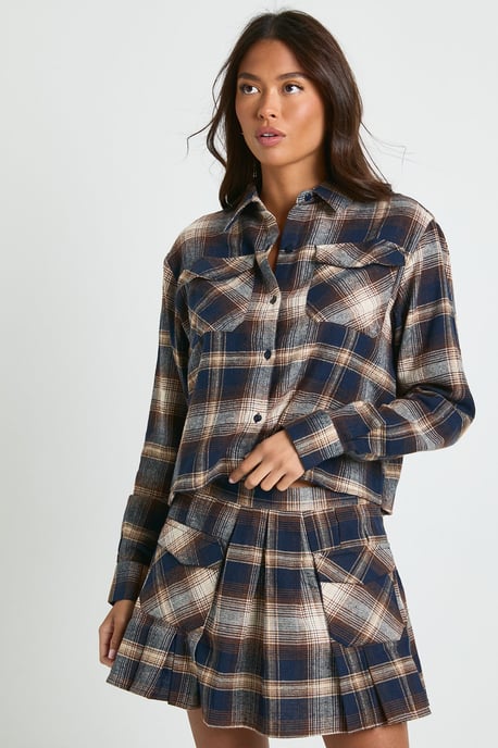 Check Print Longline Boxy Crop Shirt - Image 1
