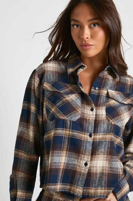 Check Print Longline Boxy Crop Shirt - Image 4