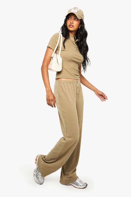 Ribbed Henley Button Down Short Sleeve Top And Straight Leg Trouser Co-ord - Image 3