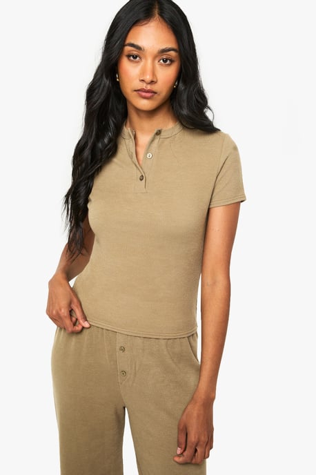 Ribbed Henley Button Down Short Sleeve Top And Straight Leg Trouser Co-ord - Image 4