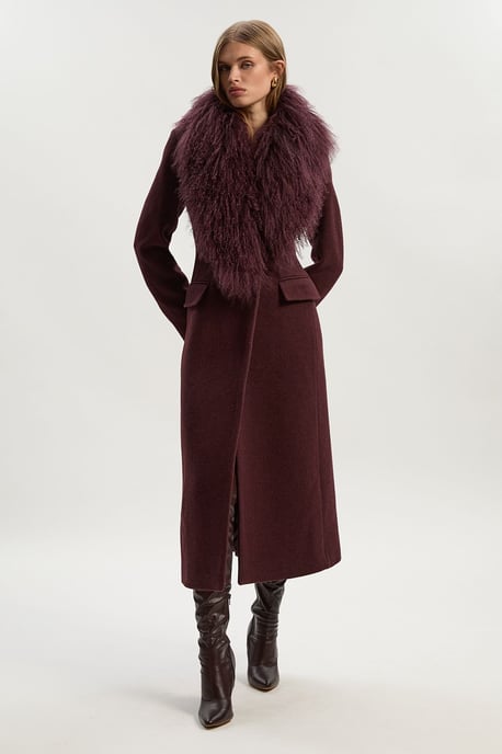 Wool Detachable Fur Collar Tailored Double Breasted Midi Coat - Image 1