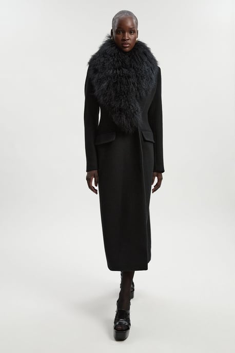 Wool Detachable Fur Collar Tailored Double Breasted Midi Coat - Image 1