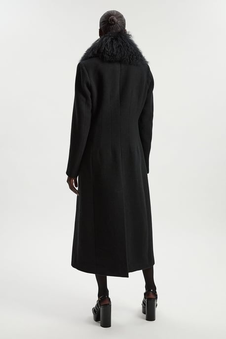Wool Detachable Fur Collar Tailored Double Breasted Midi Coat - Image 4