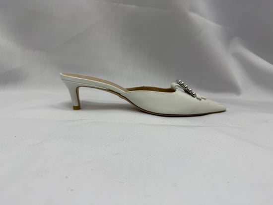 Stuart Weitzman Buckle-Embellished Kitten-Heel Mules in White Leather - Image 2