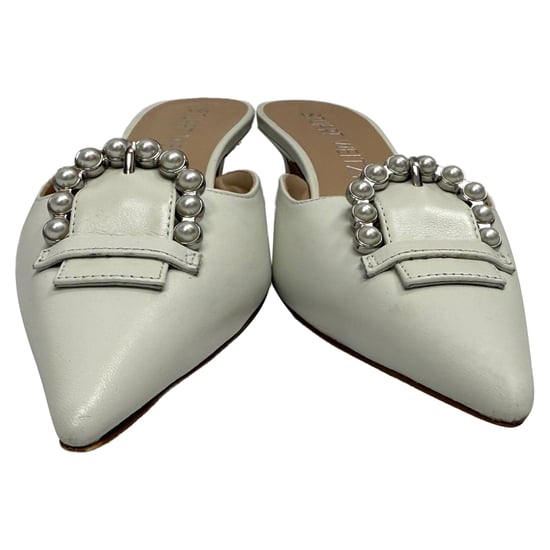 Stuart Weitzman Buckle-Embellished Kitten-Heel Mules in White Leather - Image 3