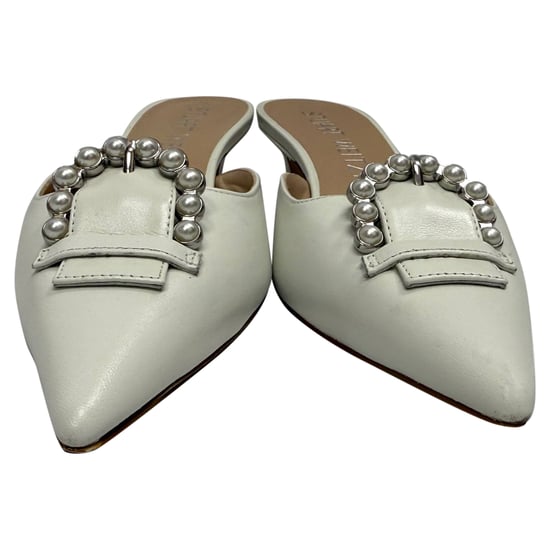 Stuart Weitzman Buckle-Embellished Kitten-Heel Mules in White Leather - Image 5