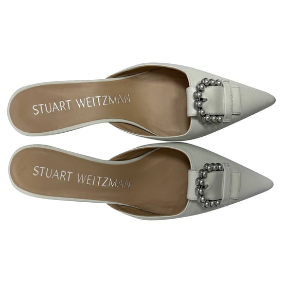 Stuart Weitzman Buckle-Embellished Kitten-Heel Mules in White Leather - Image 6