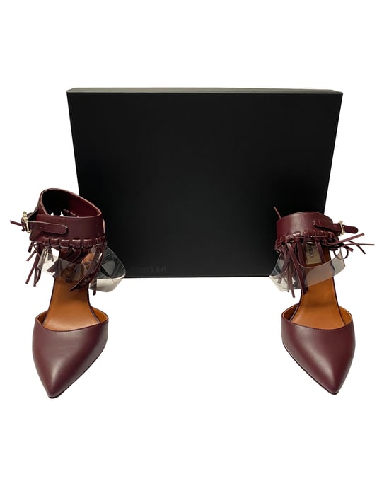 Valentino C-Rockee Fringe Ankle Strap Sandals in Burgundy Leather - Image 3