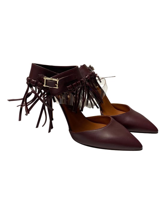 Valentino C-Rockee Fringe Ankle Strap Sandals in Burgundy Leather - Image 5