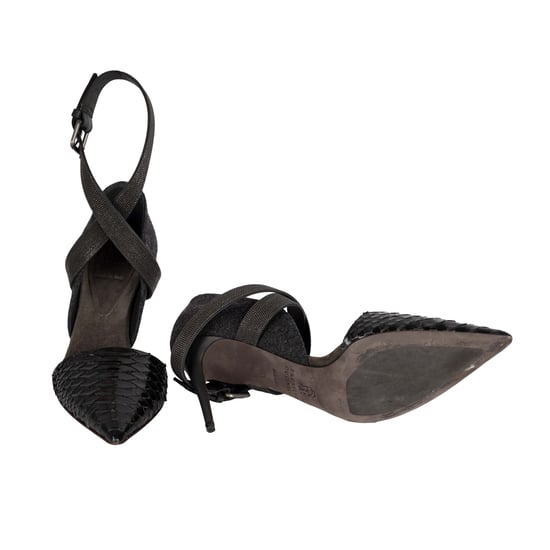 Brunello Cucinelli Monili Pumps i pytonfärgat läder med pärldetaljer och ankelrem – 10-tal - Image 4