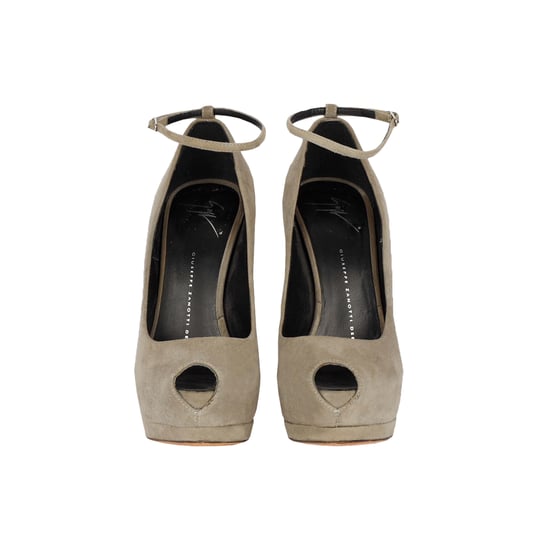 Taupe Suede Platform Pumps with Ankle Closure - '20s - Image 2