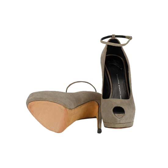 Taupe Suede Platform Pumps with Ankle Closure - '20s - Image 4