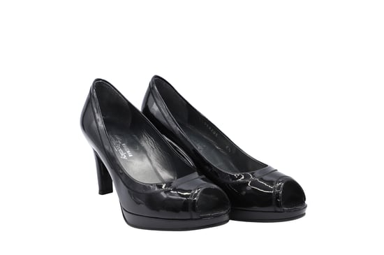 Stuart Weitzman x Russel Bromley Peep-Toe Pumps in Black Patent Leather - Image 2
