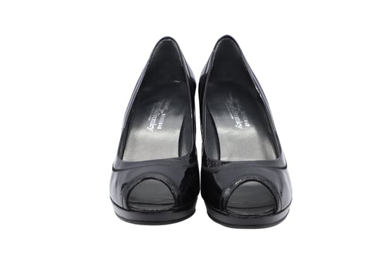 Stuart Weitzman x Russel Bromley Peep-Toe Pumps in Black Patent Leather - Image 3
