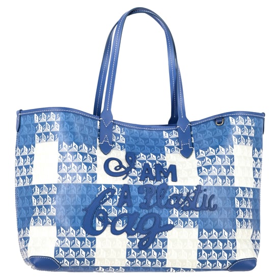 Anya Hindmarch I Am A Plastic Bag Small Leather-Trimmed Printed Tote in Blue Coated-Canvas - Image 1