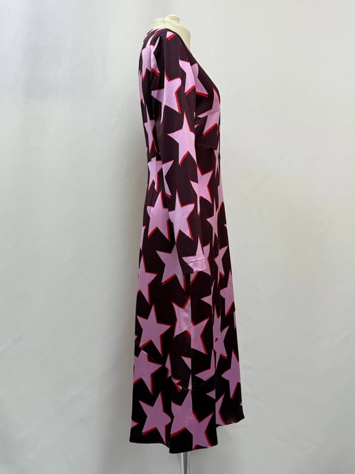Hugo Boss Star-Printed Asymmetric Midi Dress in Multicolor Satin - Image 2