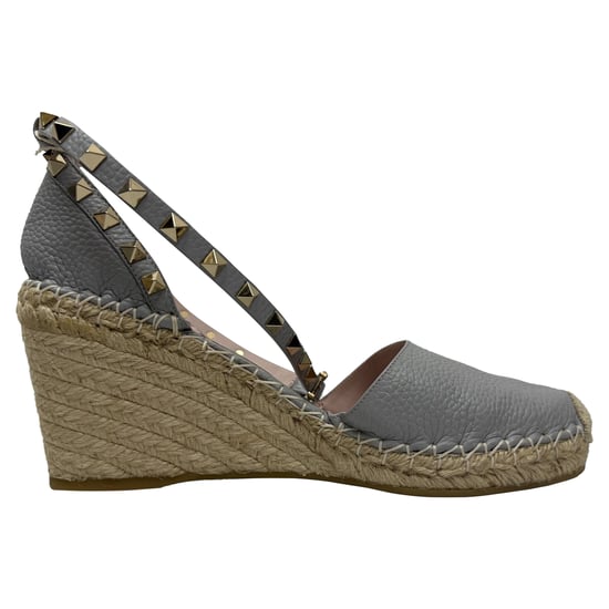 Valentino Rockstud Enkelsluiting Espadrille Wedge Pumps in Grijs Leer - Image 1