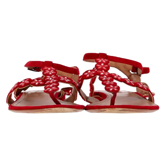 Alaïa Flower Lasercut Ankle Strap Flat Sandals in Red Suede - Image 2