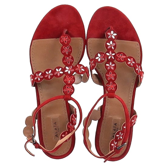 Alaïa Flower Lasercut Ankle Strap Flat Sandals in Red Suede - Image 3