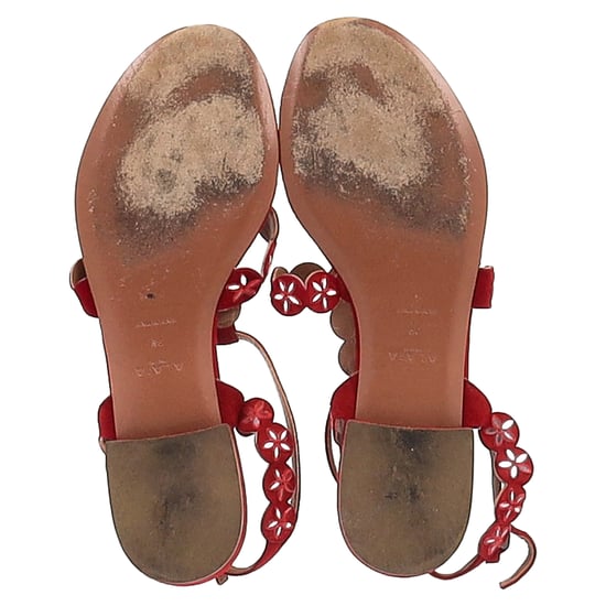 Alaïa Flower Lasercut Ankle Strap Flat Sandals in Red Suede - Image 6