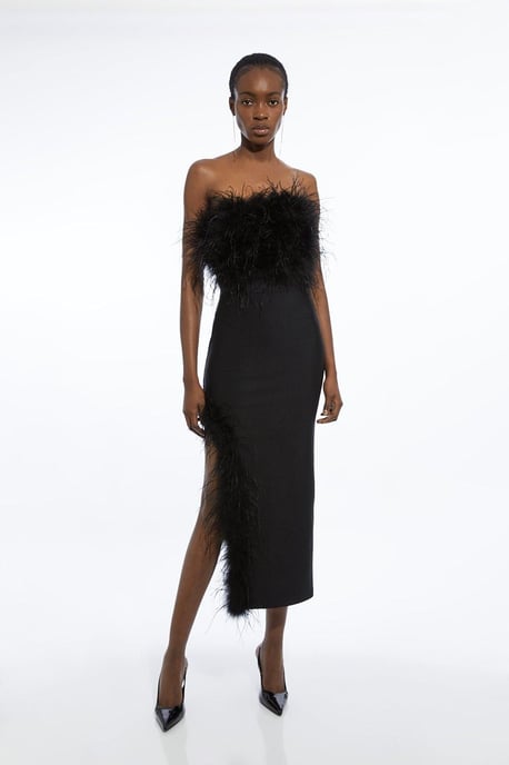 Figure Form Bandage Feather Detail Bandeau Knit Midi Dress - Image 1