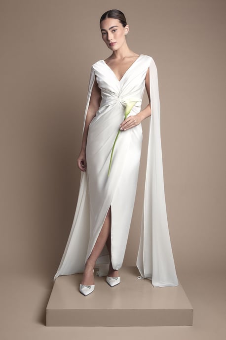 Satin Cape Sleeve Maxi Bridal Dress - Image 1