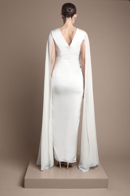 Satin Cape Sleeve Maxi Bridal Dress - Image 3